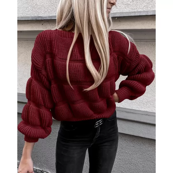 imagePRETTYGARDEN Womens 2024 Fall Sweaters Casual Crew Neck Pullover Long Puff Sleeve Loose Plain Chunky Knit Cute Blouse TopsWine Red