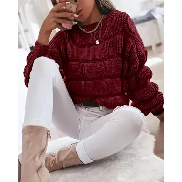 imagePRETTYGARDEN Womens 2024 Fall Sweaters Casual Crew Neck Pullover Long Puff Sleeve Loose Plain Chunky Knit Cute Blouse TopsWine Red