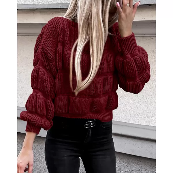 imagePRETTYGARDEN Womens 2024 Fall Sweaters Casual Crew Neck Pullover Long Puff Sleeve Loose Plain Chunky Knit Cute Blouse TopsWine Red