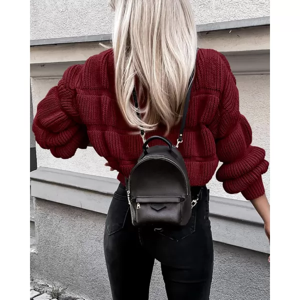 imagePRETTYGARDEN Womens 2024 Fall Sweaters Casual Crew Neck Pullover Long Puff Sleeve Loose Plain Chunky Knit Cute Blouse TopsWine Red