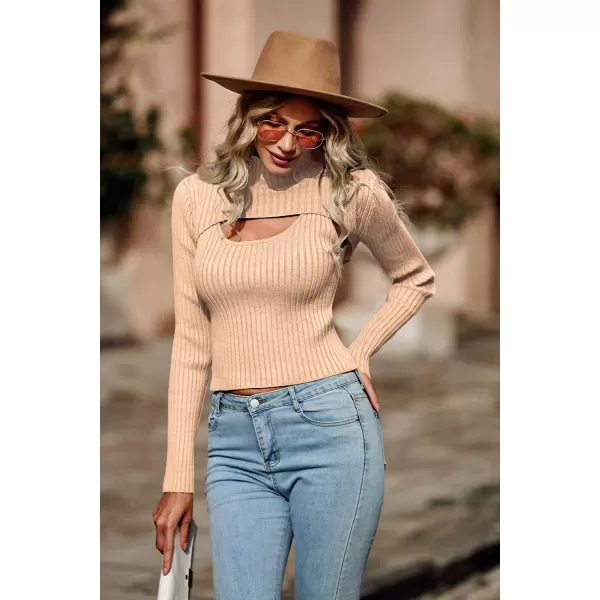 imagePRETTYGARDEN Womens 2024 Fashion Fall Clothes 2 Piece Cutout Tops Long Sleeve Mock Neck Rib Knit Winter Pullover SweaterApricot