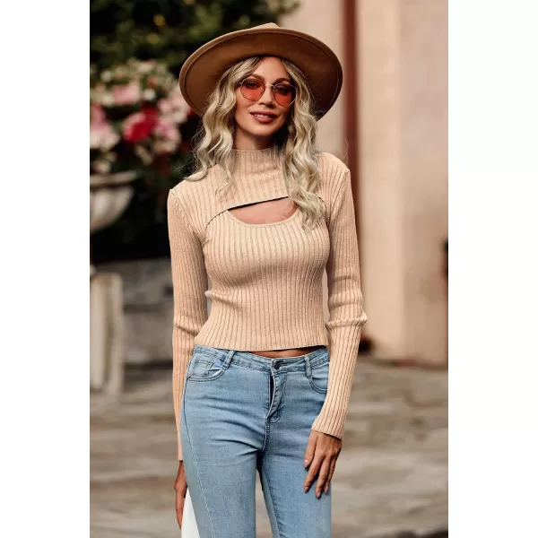 imagePRETTYGARDEN Womens 2024 Fashion Fall Clothes 2 Piece Cutout Tops Long Sleeve Mock Neck Rib Knit Winter Pullover SweaterApricot
