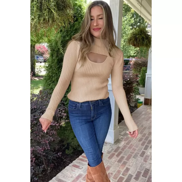 imagePRETTYGARDEN Womens 2024 Fashion Fall Clothes 2 Piece Cutout Tops Long Sleeve Mock Neck Rib Knit Winter Pullover SweaterApricot