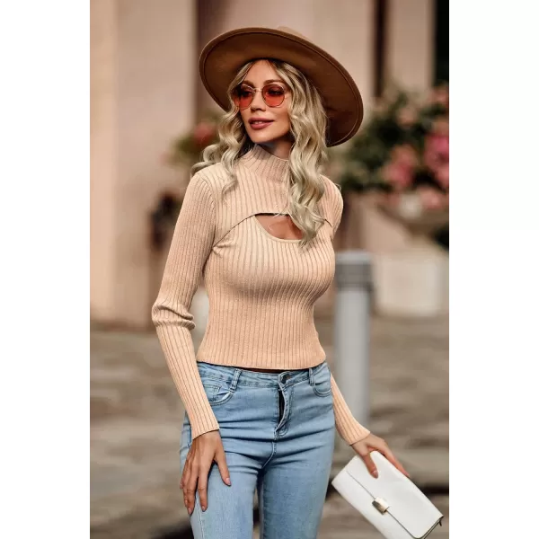 imagePRETTYGARDEN Womens 2024 Fashion Fall Clothes 2 Piece Cutout Tops Long Sleeve Mock Neck Rib Knit Winter Pullover SweaterApricot