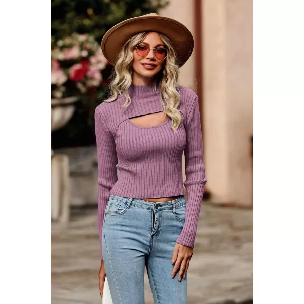 imagePRETTYGARDEN Womens 2024 Fashion Fall Clothes 2 Piece Cutout Tops Long Sleeve Mock Neck Rib Knit Winter Pullover SweaterBean Paste Purple