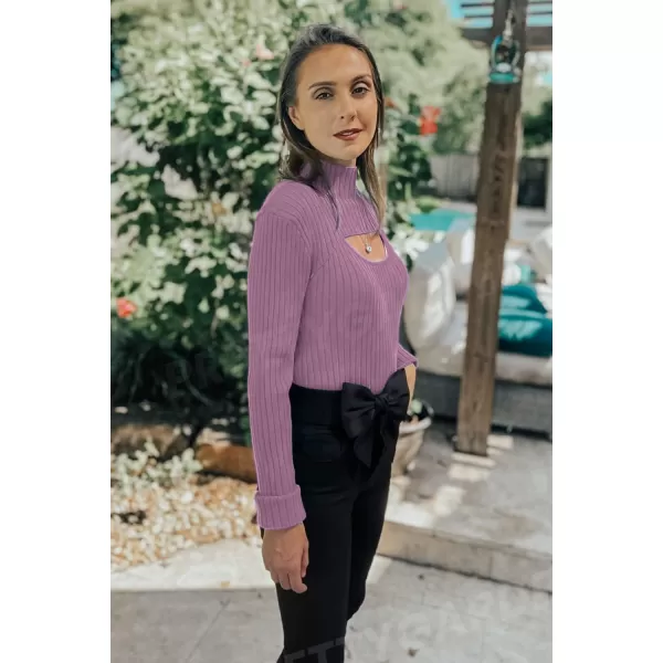 imagePRETTYGARDEN Womens 2024 Fashion Fall Clothes 2 Piece Cutout Tops Long Sleeve Mock Neck Rib Knit Winter Pullover SweaterBean Paste Purple
