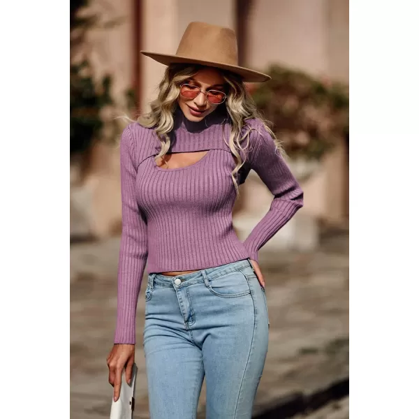 imagePRETTYGARDEN Womens 2024 Fashion Fall Clothes 2 Piece Cutout Tops Long Sleeve Mock Neck Rib Knit Winter Pullover SweaterBean Paste Purple