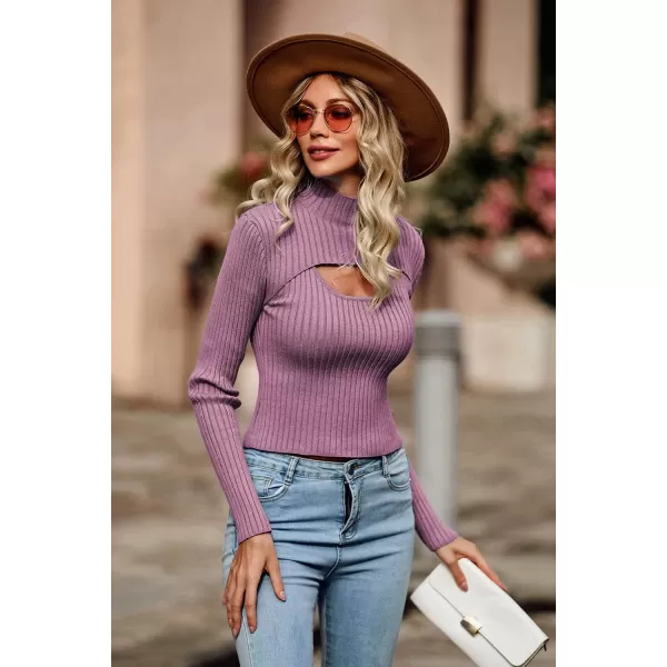 imagePRETTYGARDEN Womens 2024 Fashion Fall Clothes 2 Piece Cutout Tops Long Sleeve Mock Neck Rib Knit Winter Pullover SweaterBean Paste Purple
