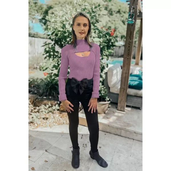 imagePRETTYGARDEN Womens 2024 Fashion Fall Clothes 2 Piece Cutout Tops Long Sleeve Mock Neck Rib Knit Winter Pullover SweaterBean Paste Purple