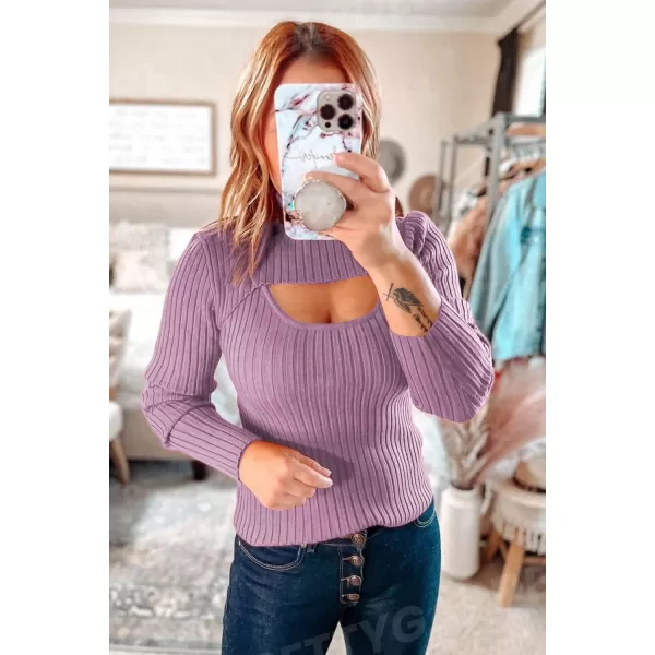 imagePRETTYGARDEN Womens 2024 Fashion Fall Clothes 2 Piece Cutout Tops Long Sleeve Mock Neck Rib Knit Winter Pullover SweaterBean Paste Purple