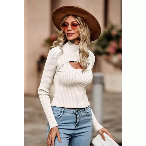 imagePRETTYGARDEN Womens 2024 Fashion Fall Clothes 2 Piece Cutout Tops Long Sleeve Mock Neck Rib Knit Winter Pullover SweaterBeige White