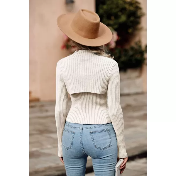 imagePRETTYGARDEN Womens 2024 Fashion Fall Clothes 2 Piece Cutout Tops Long Sleeve Mock Neck Rib Knit Winter Pullover SweaterBeige White