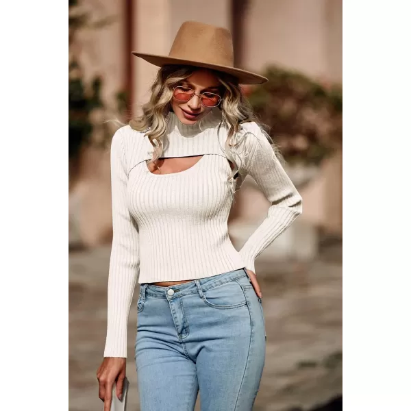 imagePRETTYGARDEN Womens 2024 Fashion Fall Clothes 2 Piece Cutout Tops Long Sleeve Mock Neck Rib Knit Winter Pullover SweaterBeige White