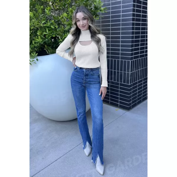 imagePRETTYGARDEN Womens 2024 Fashion Fall Clothes 2 Piece Cutout Tops Long Sleeve Mock Neck Rib Knit Winter Pullover SweaterBeige White