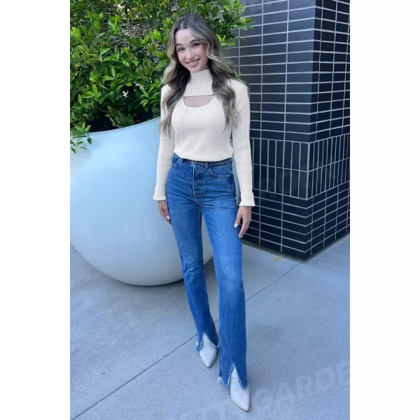 imagePRETTYGARDEN Womens 2024 Fashion Fall Clothes 2 Piece Cutout Tops Long Sleeve Mock Neck Rib Knit Winter Pullover SweaterBeige White