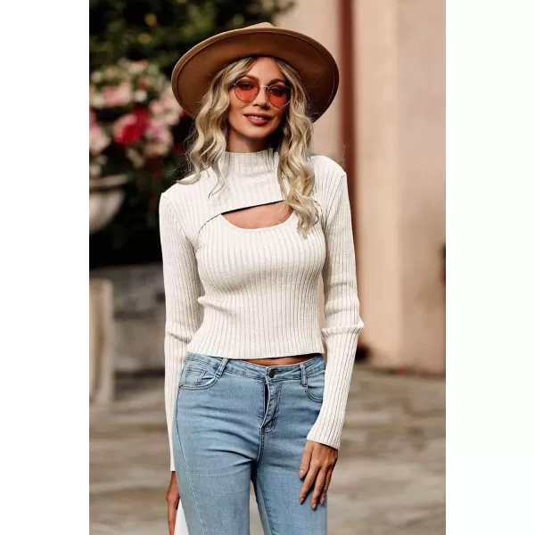 imagePRETTYGARDEN Womens 2024 Fashion Fall Clothes 2 Piece Cutout Tops Long Sleeve Mock Neck Rib Knit Winter Pullover SweaterBeige White