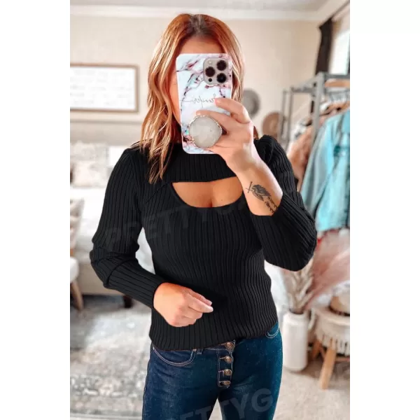 imagePRETTYGARDEN Womens 2024 Fashion Fall Clothes 2 Piece Cutout Tops Long Sleeve Mock Neck Rib Knit Winter Pullover SweaterBlack