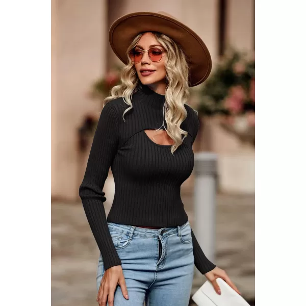 imagePRETTYGARDEN Womens 2024 Fashion Fall Clothes 2 Piece Cutout Tops Long Sleeve Mock Neck Rib Knit Winter Pullover SweaterBlack