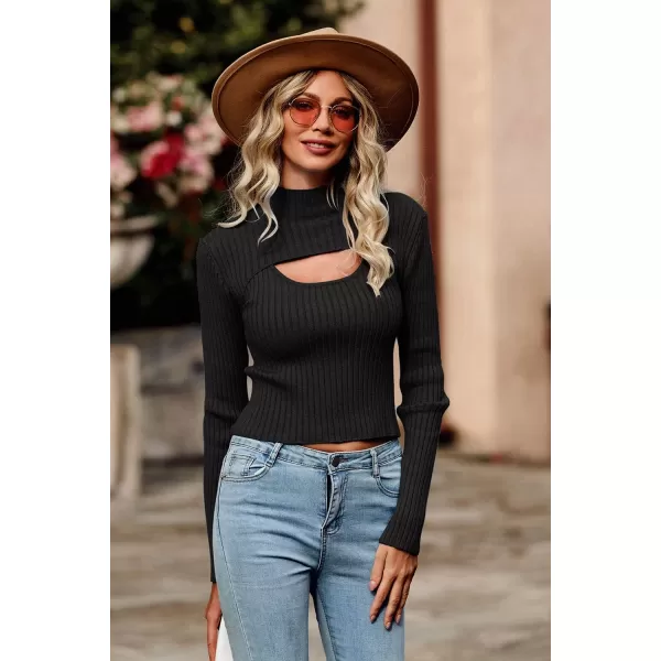 imagePRETTYGARDEN Womens 2024 Fashion Fall Clothes 2 Piece Cutout Tops Long Sleeve Mock Neck Rib Knit Winter Pullover SweaterBlack