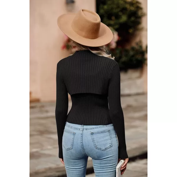 imagePRETTYGARDEN Womens 2024 Fashion Fall Clothes 2 Piece Cutout Tops Long Sleeve Mock Neck Rib Knit Winter Pullover SweaterBlack