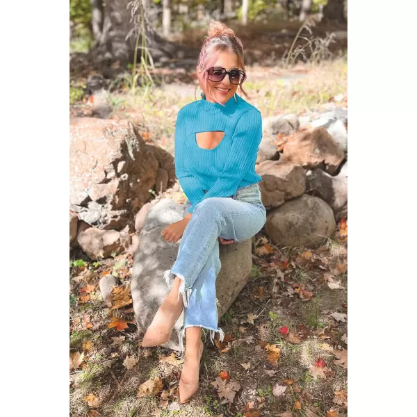 imagePRETTYGARDEN Womens 2024 Fashion Fall Clothes 2 Piece Cutout Tops Long Sleeve Mock Neck Rib Knit Winter Pullover SweaterBlue