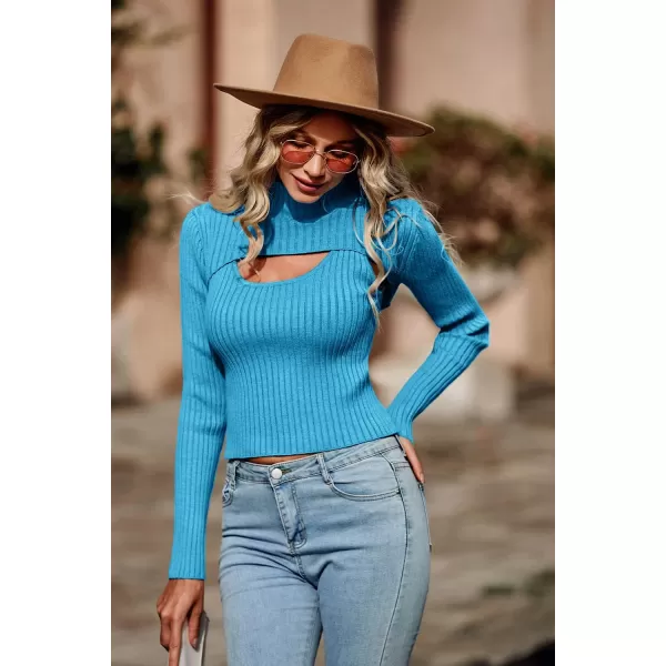 imagePRETTYGARDEN Womens 2024 Fashion Fall Clothes 2 Piece Cutout Tops Long Sleeve Mock Neck Rib Knit Winter Pullover SweaterBlue