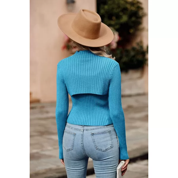 imagePRETTYGARDEN Womens 2024 Fashion Fall Clothes 2 Piece Cutout Tops Long Sleeve Mock Neck Rib Knit Winter Pullover SweaterBlue