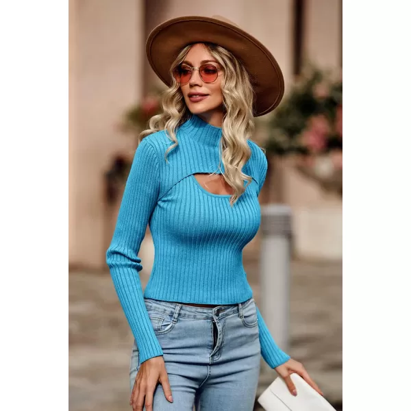 imagePRETTYGARDEN Womens 2024 Fashion Fall Clothes 2 Piece Cutout Tops Long Sleeve Mock Neck Rib Knit Winter Pullover SweaterBlue
