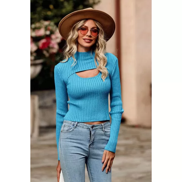 imagePRETTYGARDEN Womens 2024 Fashion Fall Clothes 2 Piece Cutout Tops Long Sleeve Mock Neck Rib Knit Winter Pullover SweaterBlue