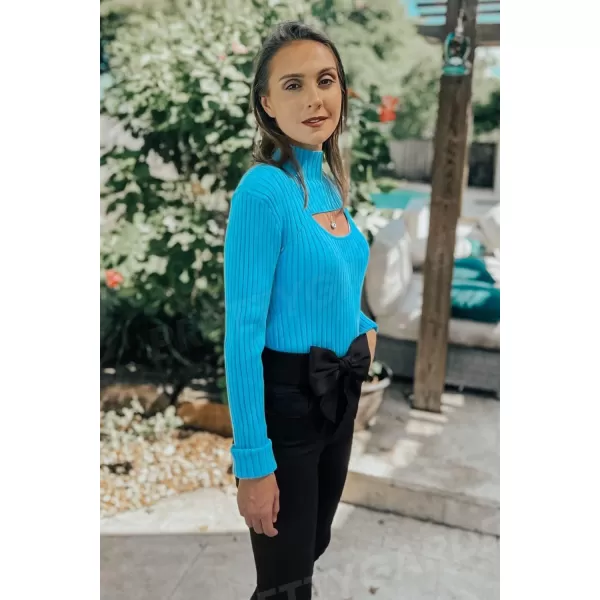 imagePRETTYGARDEN Womens 2024 Fashion Fall Clothes 2 Piece Cutout Tops Long Sleeve Mock Neck Rib Knit Winter Pullover SweaterBlue