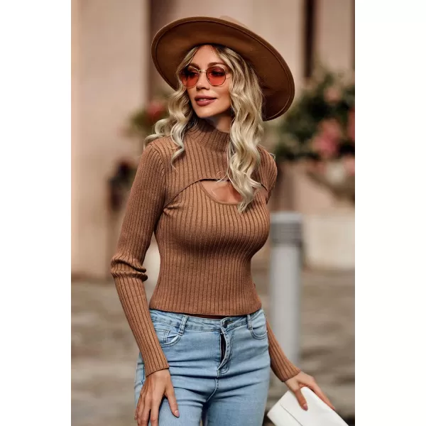 imagePRETTYGARDEN Womens 2024 Fashion Fall Clothes 2 Piece Cutout Tops Long Sleeve Mock Neck Rib Knit Winter Pullover SweaterBrown