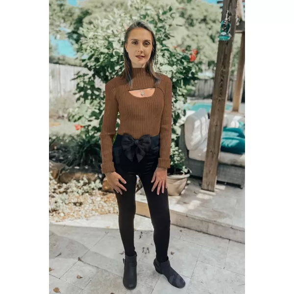 imagePRETTYGARDEN Womens 2024 Fashion Fall Clothes 2 Piece Cutout Tops Long Sleeve Mock Neck Rib Knit Winter Pullover SweaterBrown
