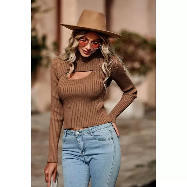 imagePRETTYGARDEN Womens 2024 Fashion Fall Clothes 2 Piece Cutout Tops Long Sleeve Mock Neck Rib Knit Winter Pullover SweaterBrown