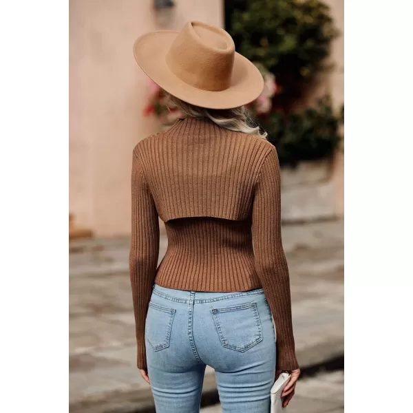 imagePRETTYGARDEN Womens 2024 Fashion Fall Clothes 2 Piece Cutout Tops Long Sleeve Mock Neck Rib Knit Winter Pullover SweaterBrown