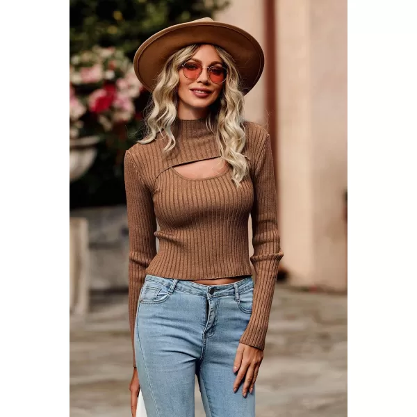 imagePRETTYGARDEN Womens 2024 Fashion Fall Clothes 2 Piece Cutout Tops Long Sleeve Mock Neck Rib Knit Winter Pullover SweaterBrown