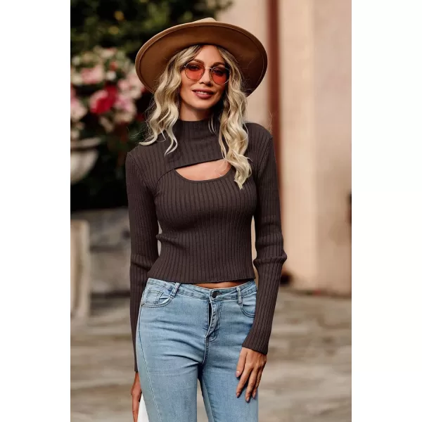 imagePRETTYGARDEN Womens 2024 Fashion Fall Clothes 2 Piece Cutout Tops Long Sleeve Mock Neck Rib Knit Winter Pullover SweaterCoffee