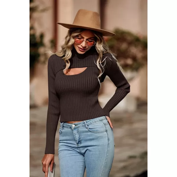 imagePRETTYGARDEN Womens 2024 Fashion Fall Clothes 2 Piece Cutout Tops Long Sleeve Mock Neck Rib Knit Winter Pullover SweaterCoffee
