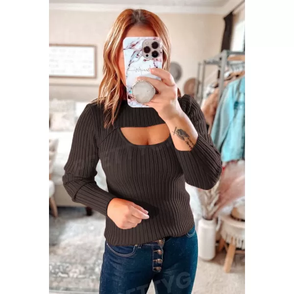 imagePRETTYGARDEN Womens 2024 Fashion Fall Clothes 2 Piece Cutout Tops Long Sleeve Mock Neck Rib Knit Winter Pullover SweaterCoffee