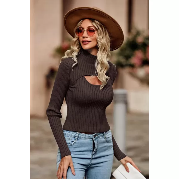 imagePRETTYGARDEN Womens 2024 Fashion Fall Clothes 2 Piece Cutout Tops Long Sleeve Mock Neck Rib Knit Winter Pullover SweaterCoffee