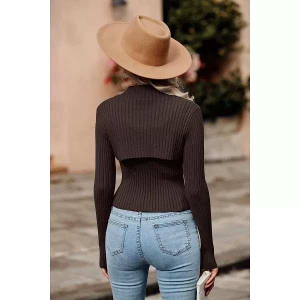 imagePRETTYGARDEN Womens 2024 Fashion Fall Clothes 2 Piece Cutout Tops Long Sleeve Mock Neck Rib Knit Winter Pullover SweaterCoffee