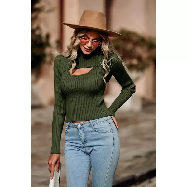 imagePRETTYGARDEN Womens 2024 Fashion Fall Clothes 2 Piece Cutout Tops Long Sleeve Mock Neck Rib Knit Winter Pullover SweaterDark Army Green