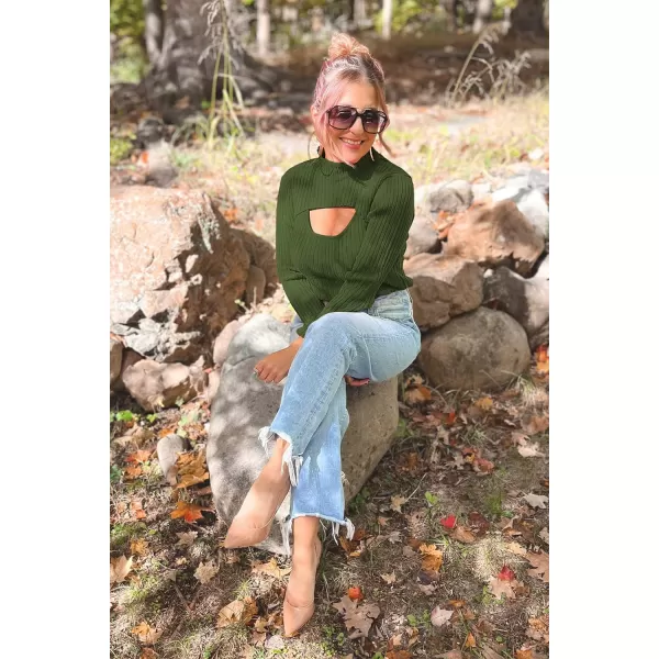 imagePRETTYGARDEN Womens 2024 Fashion Fall Clothes 2 Piece Cutout Tops Long Sleeve Mock Neck Rib Knit Winter Pullover SweaterDark Army Green