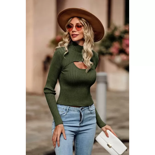 imagePRETTYGARDEN Womens 2024 Fashion Fall Clothes 2 Piece Cutout Tops Long Sleeve Mock Neck Rib Knit Winter Pullover SweaterDark Army Green