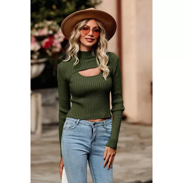 imagePRETTYGARDEN Womens 2024 Fashion Fall Clothes 2 Piece Cutout Tops Long Sleeve Mock Neck Rib Knit Winter Pullover SweaterDark Army Green