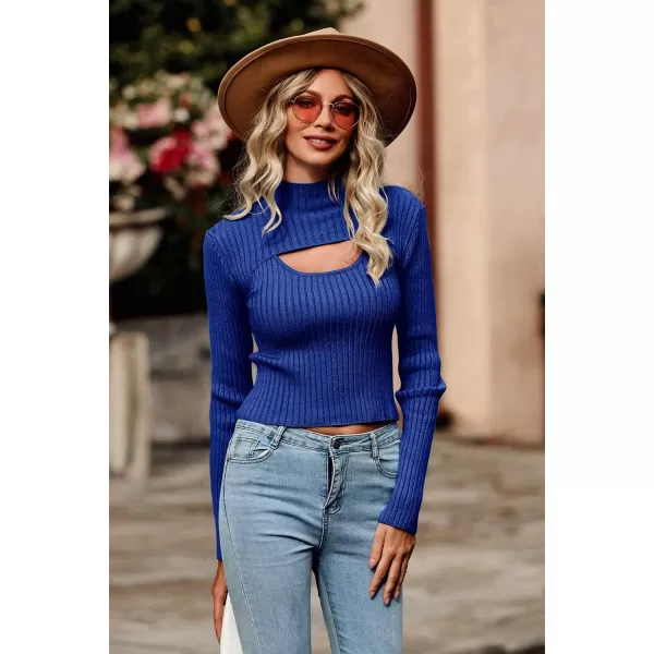 imagePRETTYGARDEN Womens 2024 Fashion Fall Clothes 2 Piece Cutout Tops Long Sleeve Mock Neck Rib Knit Winter Pullover SweaterDark Royal Blue
