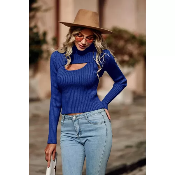 imagePRETTYGARDEN Womens 2024 Fashion Fall Clothes 2 Piece Cutout Tops Long Sleeve Mock Neck Rib Knit Winter Pullover SweaterDark Royal Blue