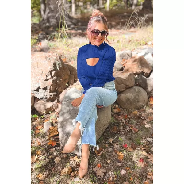 imagePRETTYGARDEN Womens 2024 Fashion Fall Clothes 2 Piece Cutout Tops Long Sleeve Mock Neck Rib Knit Winter Pullover SweaterDark Royal Blue