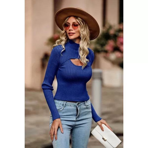 imagePRETTYGARDEN Womens 2024 Fashion Fall Clothes 2 Piece Cutout Tops Long Sleeve Mock Neck Rib Knit Winter Pullover SweaterDark Royal Blue