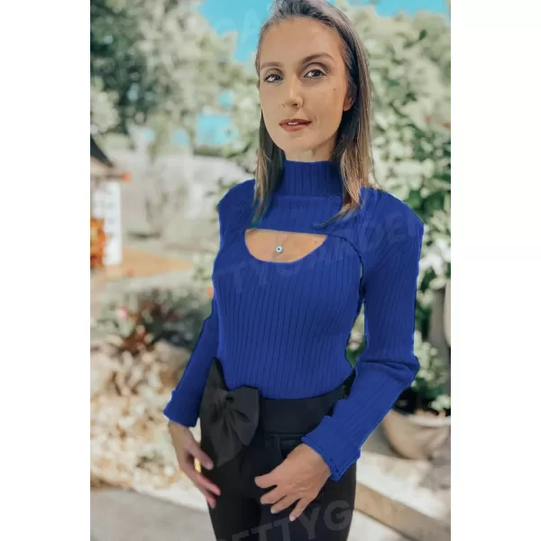 imagePRETTYGARDEN Womens 2024 Fashion Fall Clothes 2 Piece Cutout Tops Long Sleeve Mock Neck Rib Knit Winter Pullover SweaterDark Royal Blue