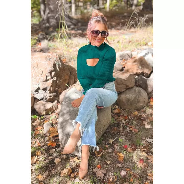 imagePRETTYGARDEN Womens 2024 Fashion Fall Clothes 2 Piece Cutout Tops Long Sleeve Mock Neck Rib Knit Winter Pullover SweaterLake Green